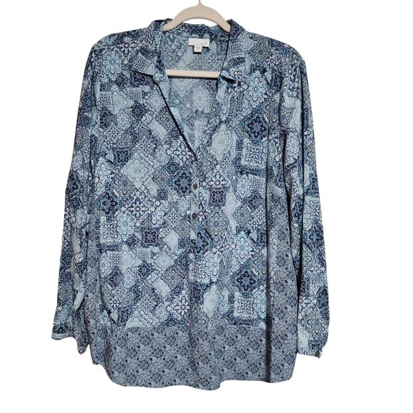 J. Jill Women’s Blue Print Top L Button Down Boho Chic Coastal Cowgirl Light - Picture 2 of 13